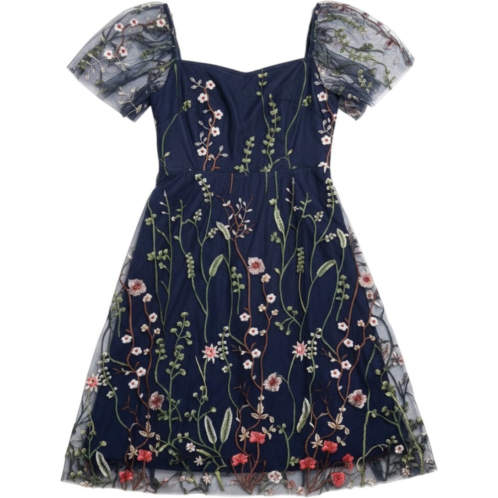 IWEMEK Floral Embroidered Mesh Dress Womens XL Navy Blue Puff Sleeve Whimsical